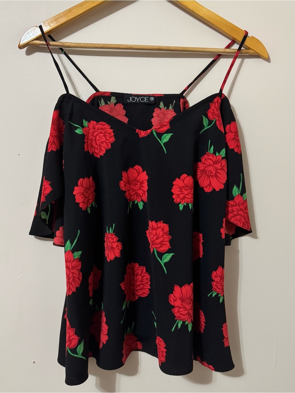 JOYCE (S) red black floral rose short sleeve off cold shoulder top blouse